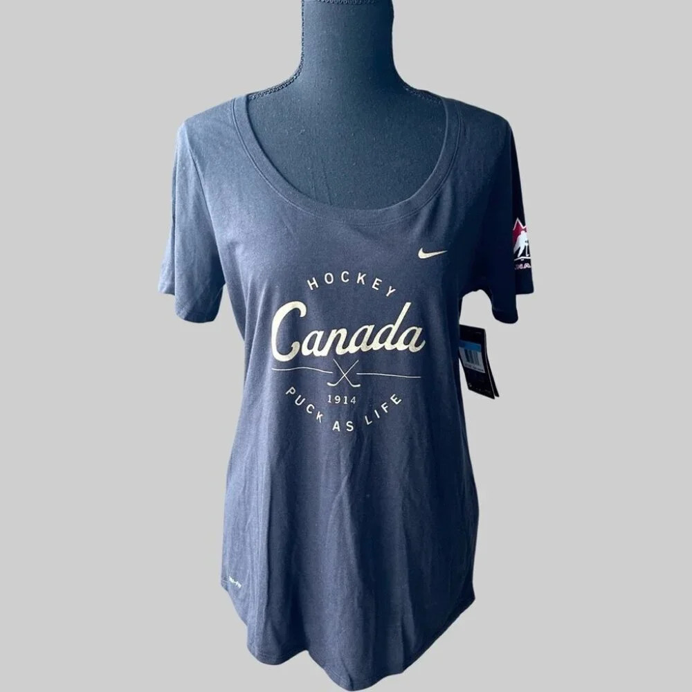 NWT Nike 2018 Team Canada Hockey IIHF Dri Fit Round Neck Black T Shirt